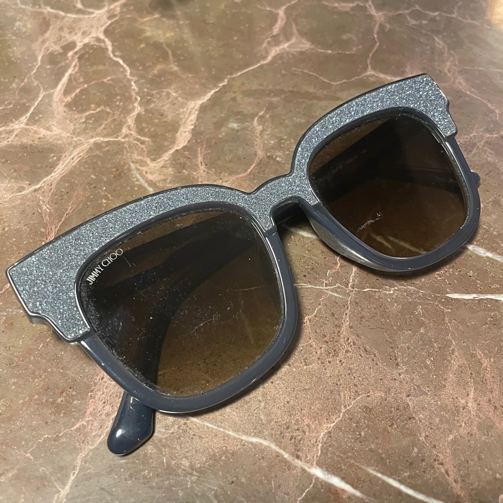Jimmy Choo, sparkle, sunglasses and gray with sunglass case.